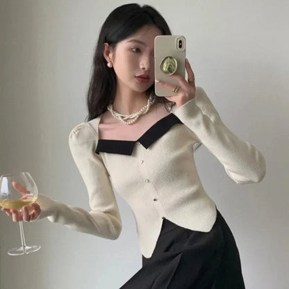 Vintage Knitted Sweater Women Square Collar Cropped Pullovers Korean Elegant Slim Knitwear Simple Patchwork Jumpers Tops