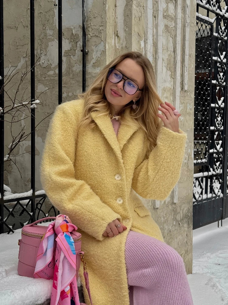 maoxiangshop  -  Retro Lambwool Solid Long Coats Women Elegant Loose Lapel Single Breasted Plush Coat Female Winter Warm Chic Street Overcoats