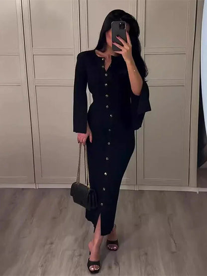maoxiangshop  -  Elegant Women's Sets Autumn O-neck Buttons Black Knitted Cardigan Midi Skirts Suits Woman Sheath Elegant Solid Sets Office Lady