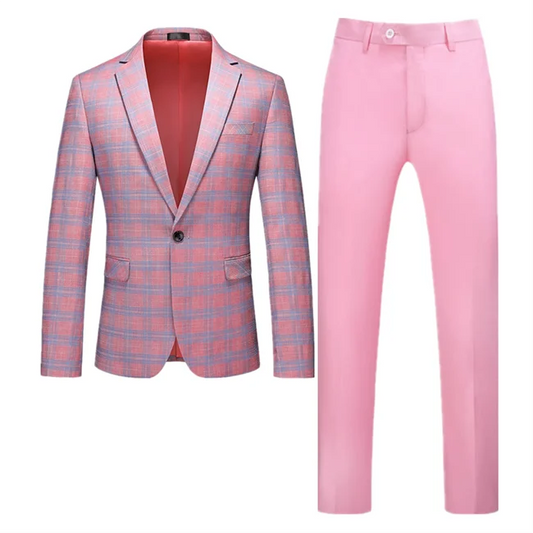 maoxiangshop New Arrival Pink Plaid Costume Homme Men Suits Slim Fit Tuxedo Wedding Groom Terno Masculino Blazer