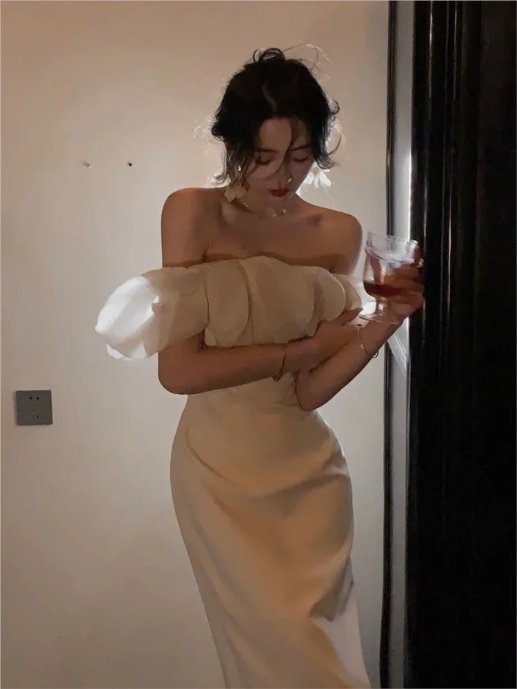 Elegant Off Shoulder Patchwork Midi Dress For Women Fashion Bodycon Sleeveless Party Vestidos Summer Sexy Clothing Outfits
