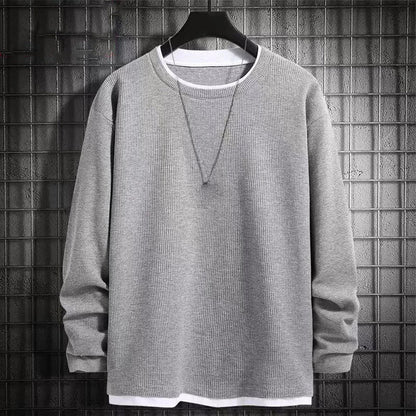 maoxiangshop Autumn Men's Round Neck T-Shirts Fashion Fake-two Pieces Street Long Sleeve T-shirt Sports Athletic Pullover Blouse Tops For Man