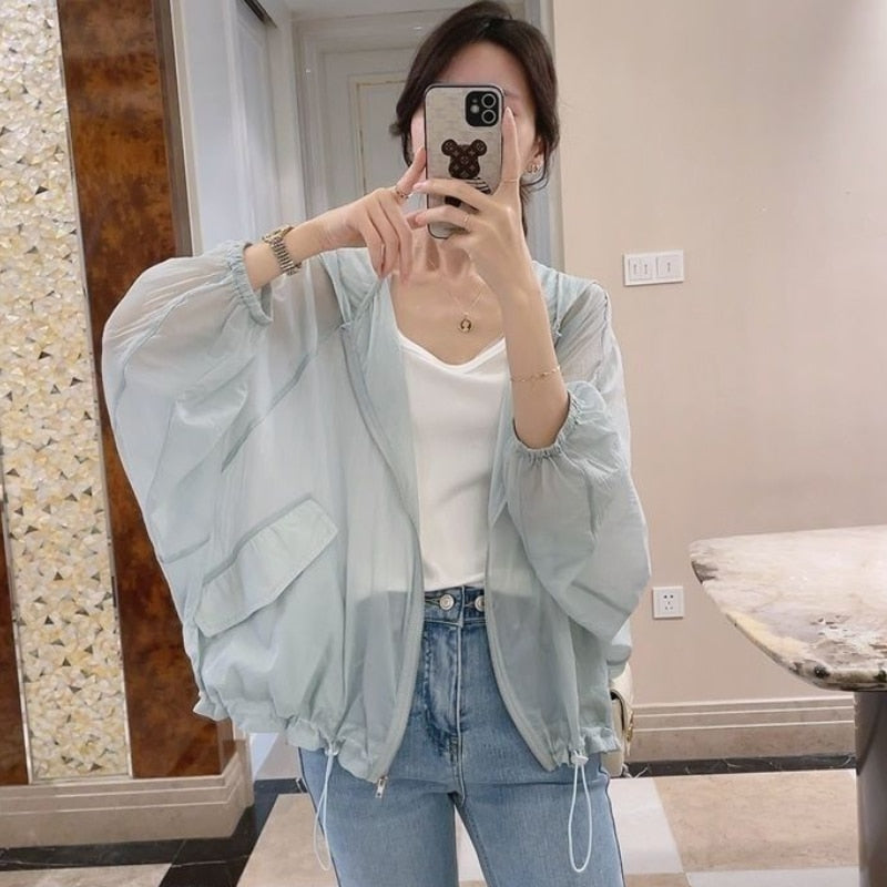 maoxiangshop Jackets Women Batwing Sleeve Soft Fashion Summer All-match Simple Solid Elegant Creativity Sun-proof Ladies Korean Style Retro