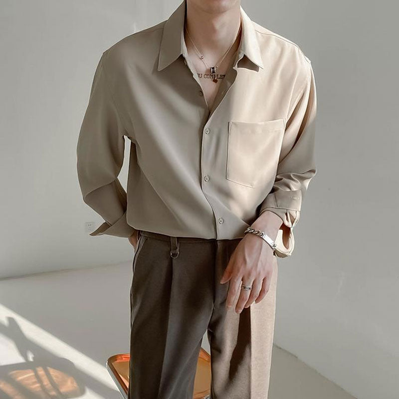 maoxiangshop Solid Color Long Sleeve Shirt POLO Collar Single Breasted Loose Casual Fashion Korean Spring and Autumn New Men's Clothing Punk