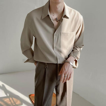 maoxiangshop Solid Color Long Sleeve Shirt POLO Collar Single Breasted Loose Casual Fashion Korean Spring and Autumn New Men's Clothing Punk