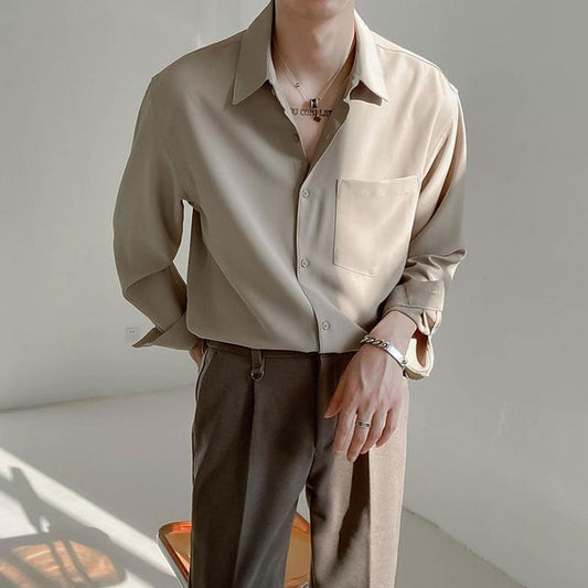 maoxiangshop Solid Color Long Sleeve Shirt POLO Collar Single Breasted Loose Casual Fashion Korean Spring and Autumn New Men's Clothing Punk