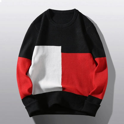 maoxiangshop Men's Sweater Korean Fashion Color Block O Neck Pullover Sweaters Oversize Bottom Knitting Blouse Knitted свитер мужской