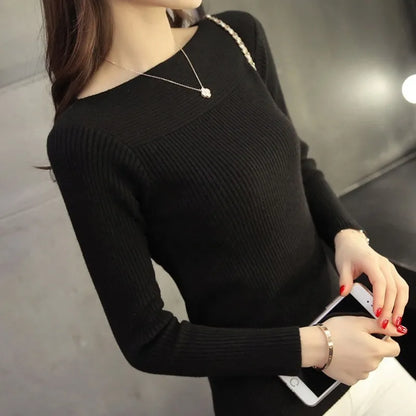 maoxiangshop Spring Casual Long Sleeve Knitted Sweater Women Autumn Pullover Sweaters Korean Style Winter Slim White Pull Knitwear