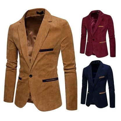 maoxiangshop WELL DRESSED MEN New High Quality Men's Leisure Corduroy Blazers Jacket Fashion Patchwork Single Button Casual Slim Suit Jacket for Men Clothing