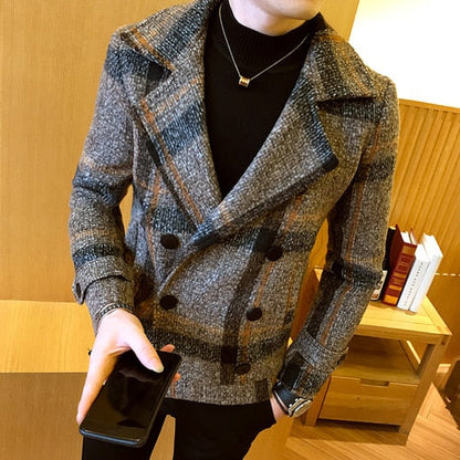 maoxiangshop Autumn Winter New Double-Breasted Windbreaker Slim Short Men Woolen Coat Fashion Retro Plaid Thick Casual Windbreaker Coat