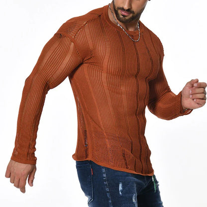 maoxiangshop Sexy See Through Knitted T Shirt Mens Long Sleeve O Neck Slim Stretch Knit Tops For Men Casual Breathable Solid Color Pullovers