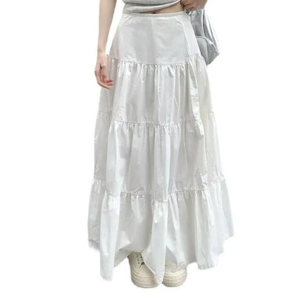 maoxiangshop Spring Summer Women Skirts Vintage High Waist Elastic Patchwork White White Chic Long Cake A-line Skirt for Student