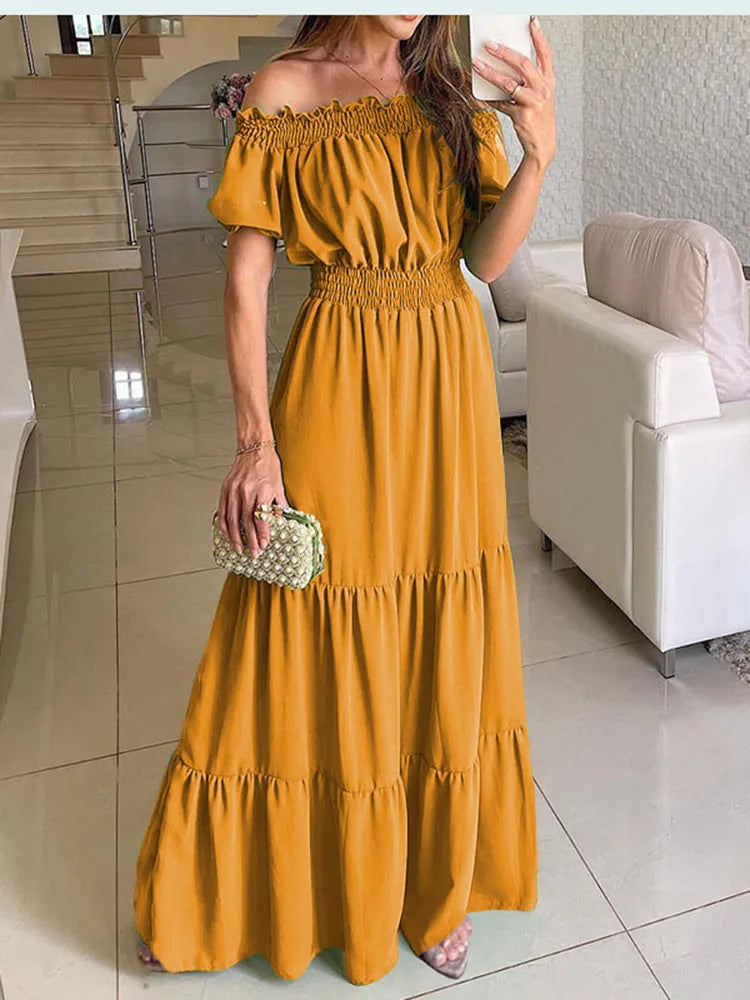 maoxiangshop Summer Boho Red Dress Fashion Short Sleeve Beach Long Dress Casual Loose Elegant Holiday Party Dresses For Women Robe Femme