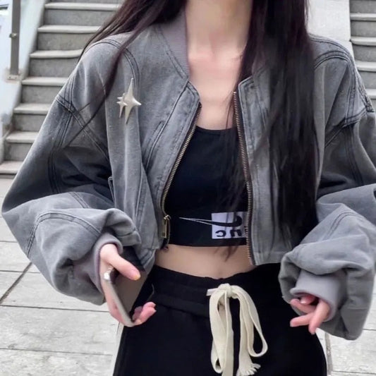 MEXZT Y2K Crop Denim Jackets Women Streetwear Oversized Casual Short Coat Harajuku Hip Hop Vintage Zipper Loose Outerwear Tops