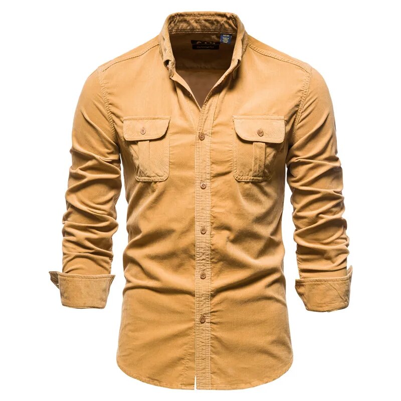 maoxiangshop New Men's Shirt Fashion Corduroy Shirts Men Business Casual Single Breasted Cotton Men Shirts Solid Color Slim Fit Full Top