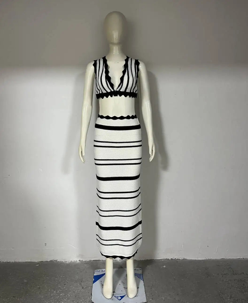 Fashion Summer Dresses Contrast Striped Dress Set Sexy Black And White Tank Top And Skirt Bohemian Beachwear