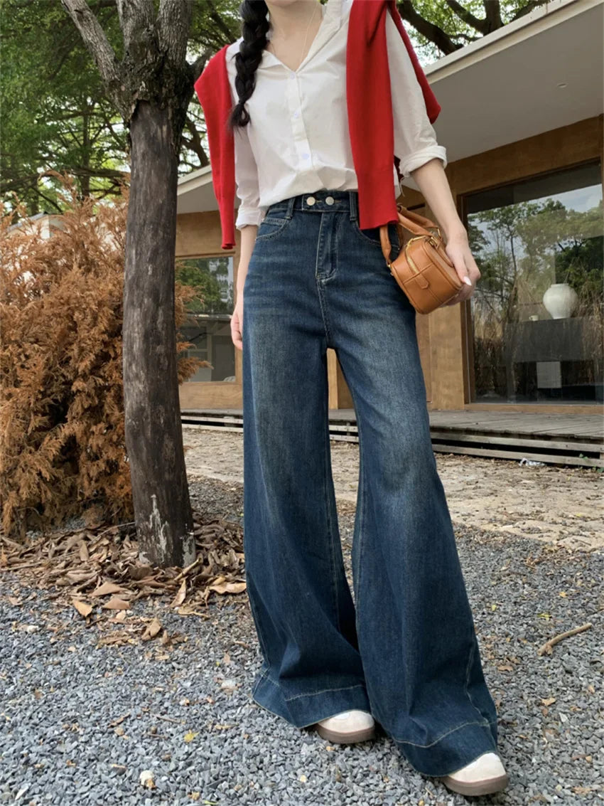 maoxiangshop  -  Winter Flare Jeans High Waist Denim New Loose Mopping Chic Plush Slim 2025 OL Fashion Casual Wide Leg All Match