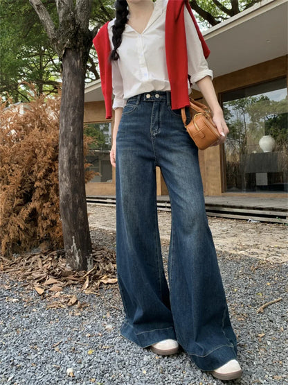 maoxiangshop  -  Winter Flare Jeans High Waist Denim New Loose Mopping Chic Plush Slim 2025 OL Fashion Casual Wide Leg All Match
