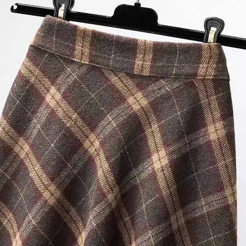 maoxiangshop Autumn Winter Woolen Skirt Women Korean Style Thick High Waist Long Skirt Woman A Line Pleated Plaid Skirt Female