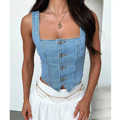 maoxiangshop Women Fashion y2k Denim Vest Sleeveless Boat Neck Button Down Crop Jean Tank Top Slim Backless Smocking Aesthetic Vest