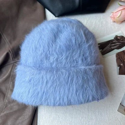 maoxiangshop New Fashion Rabbit Fur Y2k Beanies for Women Soft Warm Fluffy Angola Winter Hat Female Windproof Bonnet Hat Skullies Cap