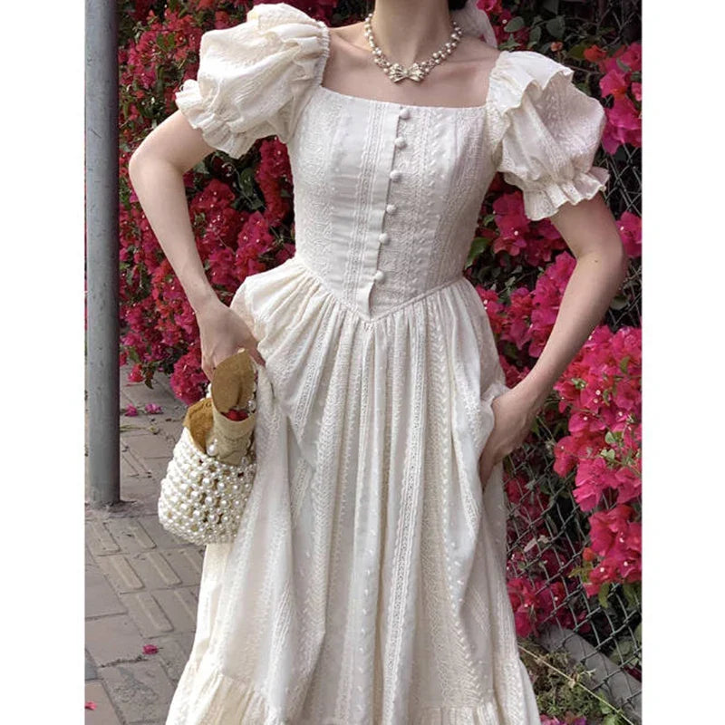 maoxiangshop Elegant Square Collar White Dress Summer Fashion Puff Sleeve Ruffle Dress for Women 2024 Chic Vintage Maxi Dresses