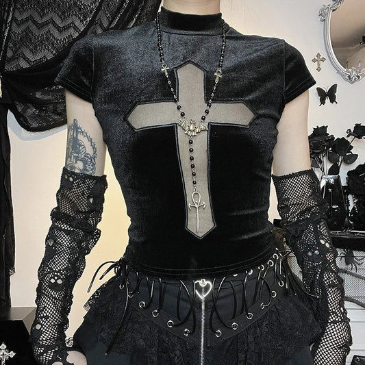 maoxiangshop-Goth Dark Cross Sheer Mall Gothic Women T-shirts Grunge Aesthetic Punk Sexy Emo Black Top Streetwear Fashion Alternative Clothes