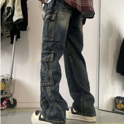 maoxiangshop Men's Patchwork Blue Cargo Jeans Unisex Straight Casual Trousers Men Muti-pockets Hip Hop Streetwear 90s Vintage Fashion Pants