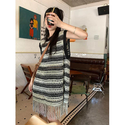 Sleeveless Knitted Vest Women Striped Hollow Out Tassel Sweaters Vintage Harajuku Casual Outwear Korean Loose Jumpers Coat