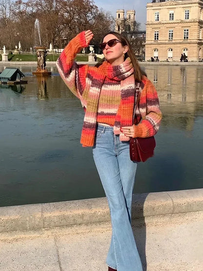 maoxiangshop  -  Women Casual Colorful Stripes With Scarf Knitted Pullover Fashion Full Sleeve Cashmere Sweater New Lady Autumn Winter Knitwear