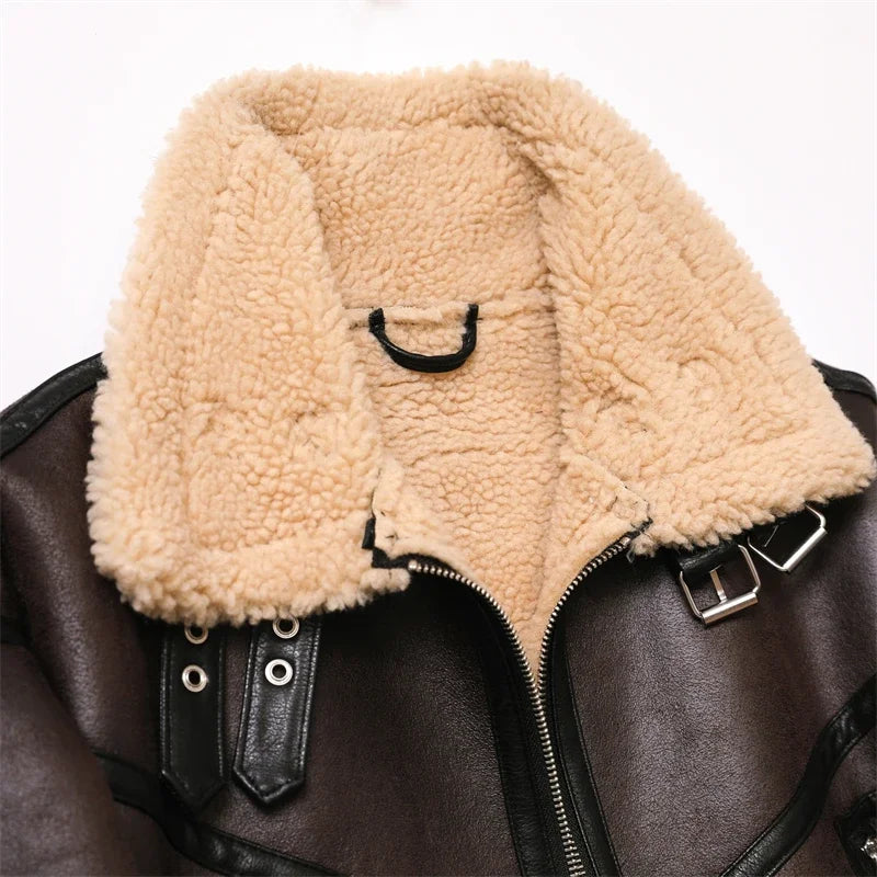 Woman's Fashion Thick Warm Faux Shearling Jacket Coat Vintage Long Sleeve Belt Hem Female Outerwear Chic Tops