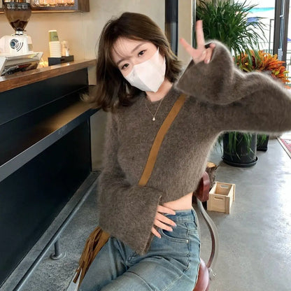 Deeptown Vintage Mohair Cropped Sweater Women Korean Fashion Slim Knitted Jumper Elegant Soft Warm Flare Sleeve Tops High Street