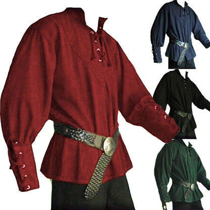 maoxiangshop Mens Medieval Shirts Poet's Renaissance Costume Viking Pirate Captain Lace Up Ruffle Tops Sand Collar Shirt