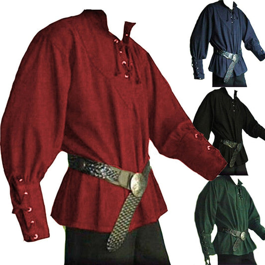 maoxiangshop Mens Medieval Shirts Poet's Renaissance Costume Viking Pirate Captain Lace Up Ruffle Tops Sand Collar Shirt