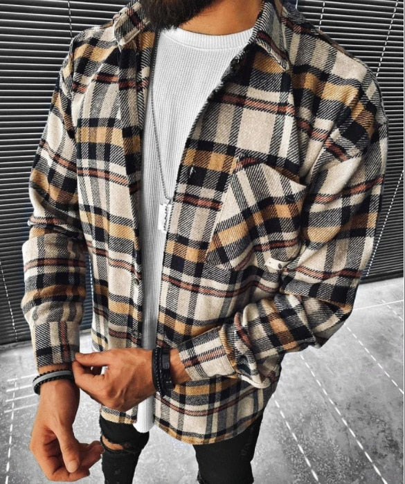 maoxiangshop Men Plaid Shirt Spring Fashion Large Size Pockets Long Sleeve Top Turn-down Collar Single-breasted Shirts