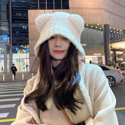 maoxiangshop Cute Bear Ear Wool Hat Winter Beanies Warm Lace-up Ear Protection Knitted Bomber Cap Bonnets Knitting Korea Women Warm Gorros