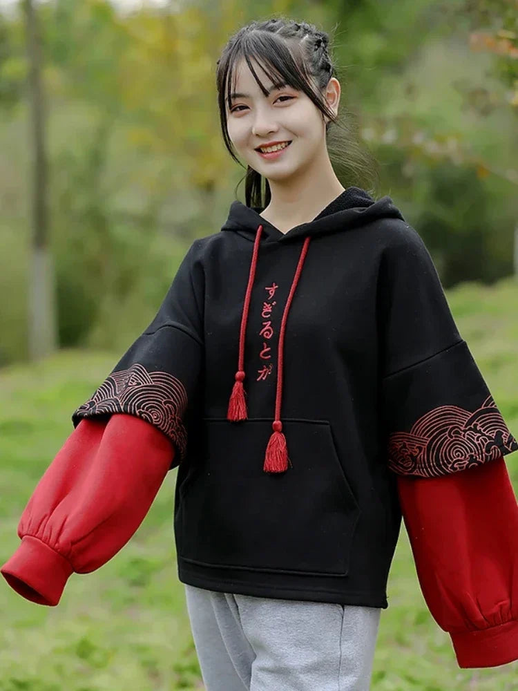 maoxiangshop Japan Style Letter Embroidery Fleece Women Hoodies Patchwork Drawstring Hooded Sweatshirt Winter Female Pullover Tops