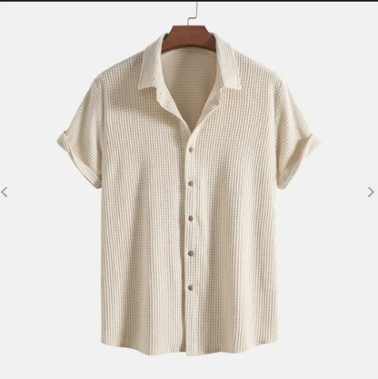 maoxiangshop Summer Men's Short Sleeve Solid Color Single breasted Casual Loose Beach Shirt