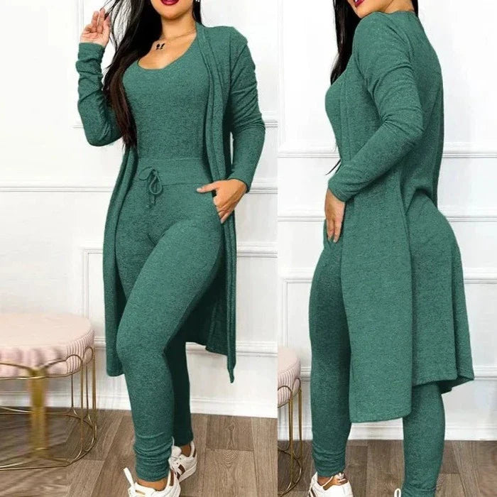 maoxiangshop Drawstring Pocket Design Jumpsuit & Coat Set Autumn Women One Piece Long Pants Jumpsuit High Waist Coats Two Piece Sets