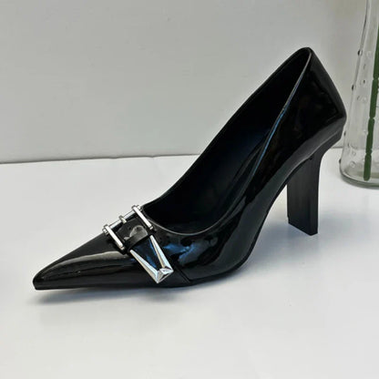 maoxiangshop  -  Patent Leather Sexy High Heels Women Metal Buckle Pointed Designer Pumps Female 2024 Fall Fashions Elegant Office Women Shoes