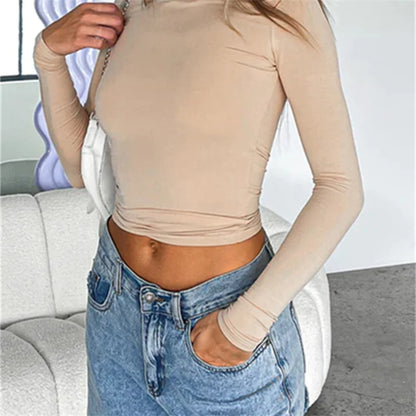 maoxiangshopWomen Casual Long Sleeve T-Shirts Spring Autumn Solid Slim Fit Pullovers Tees Shirts Female Streetwear Base Tees Tops