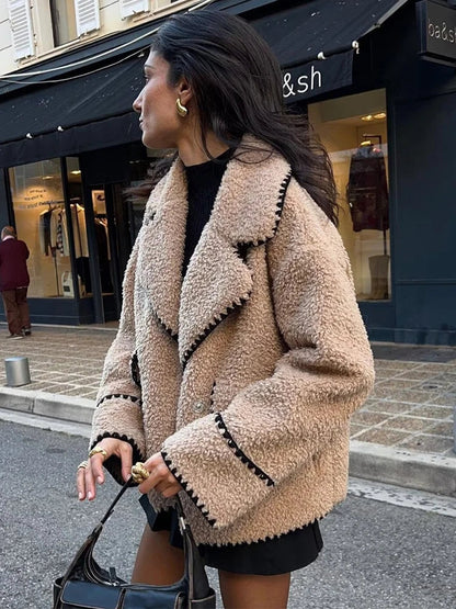 maoxiangshop  -  Lapel Loose Jackets Women 2024 Autumn Winter Street Long Sleeve Faux Lambswool Jacket Fashion Elegant Casual Coats Femme