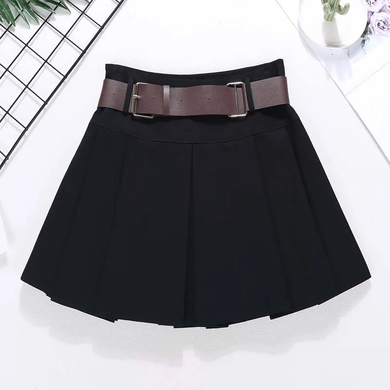 maoxiangshop Brown Belted Mini Skirt Low Waisted Pleated Skirt with Belt Women Academia Aesthetic Vintage Outfit