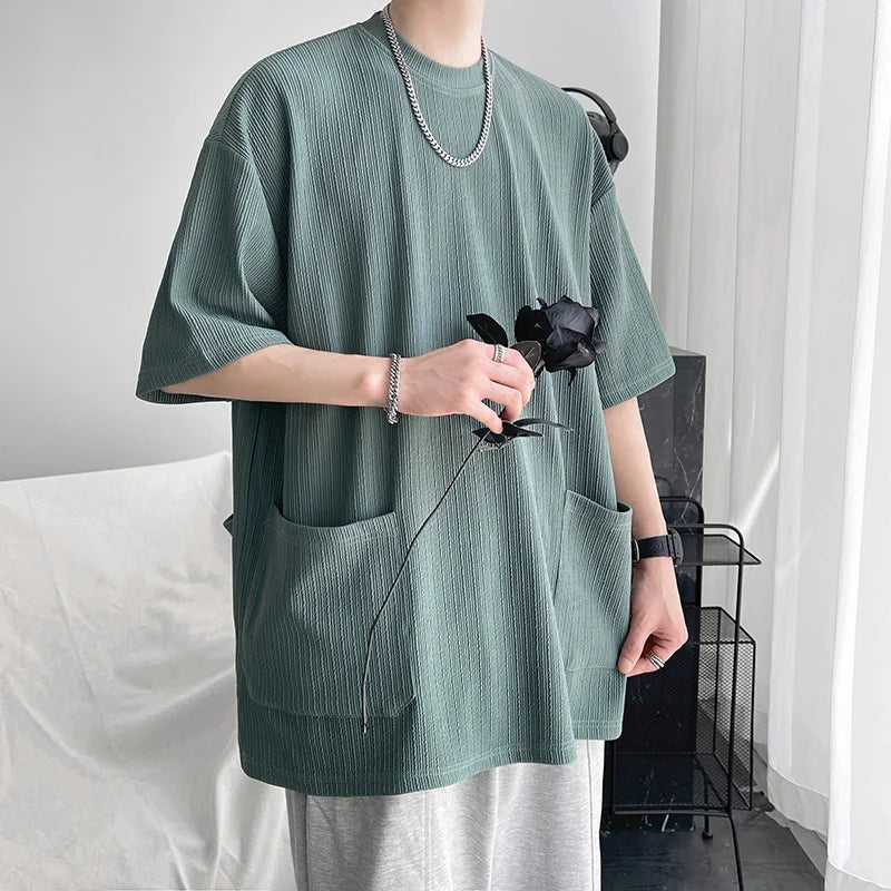 maoxiangshop High Quality Men Trend Pockets T Shirts Summer Mens Short Sleeve Fashions Male Solid Simple Daily Tees Harajuku T-Shirt