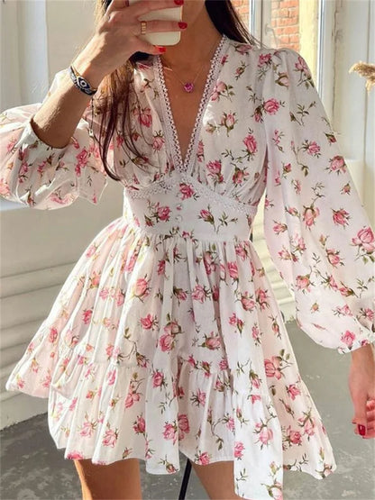 maoxiangshop Elegant Women Floral Print Short Mini Dress Long Lantern Sleeve Deep V Neck High Waist A-Line Dresses Female Vestidos