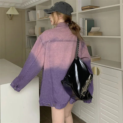 maoxiangshop Purple Ombre Denim Jacket for Women Oversized Jean Jacket Y2K Grunge Autumn Winter