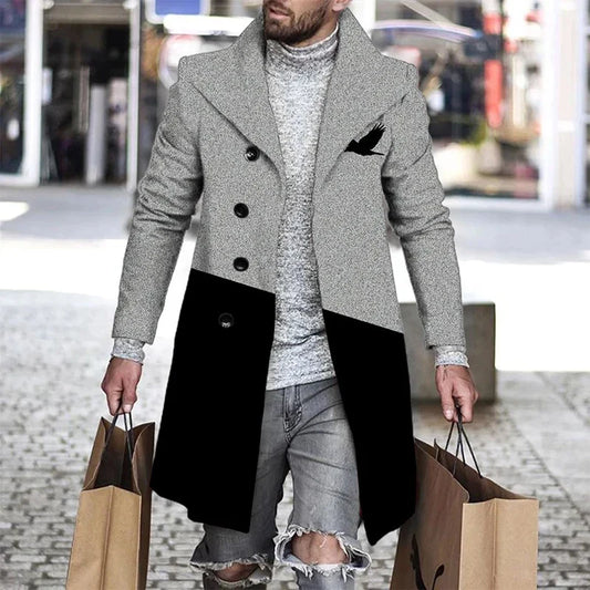 maoxiangshop Men's Coat Long Sleeve Fall Color Block Black White Man Trench Oversize Outwear Fashion Casual Office Jacket Plus Size
