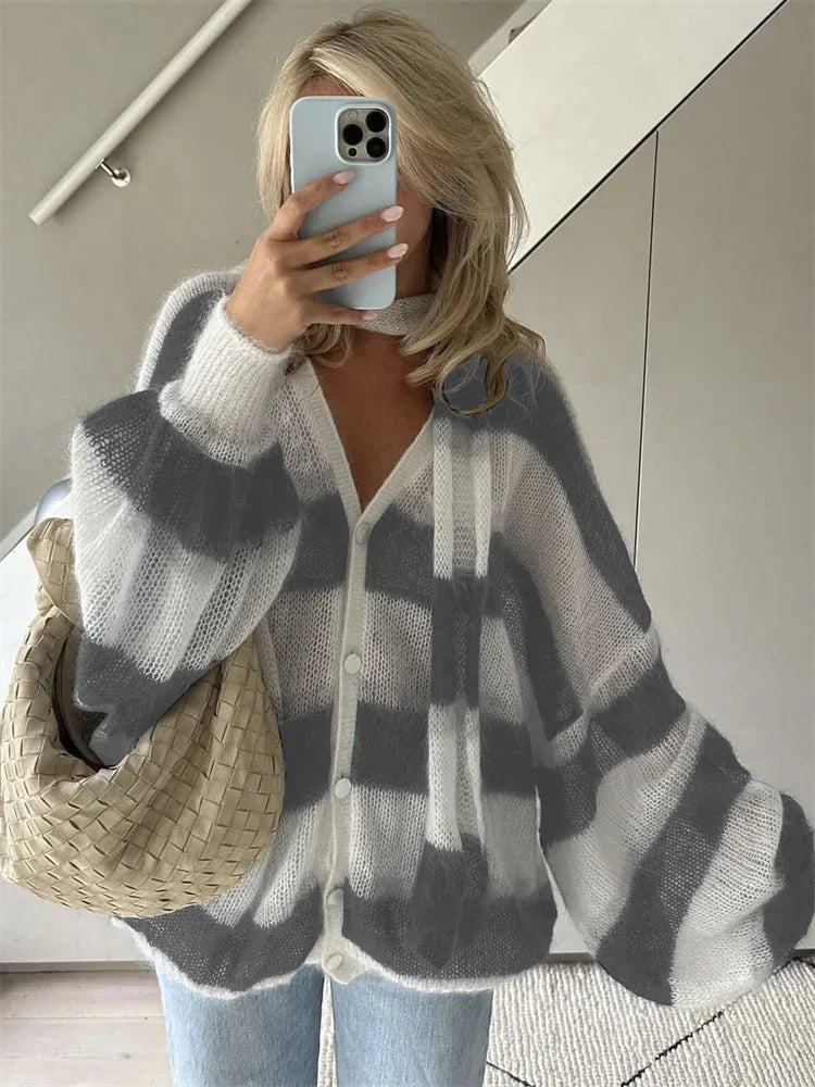 maoxiangshop  -  V-Neck Scarf Sweater Cardigan Female Contrast Casual Patchwork Autumn Hollow Out Outwear Women's Knitwear Coat Cardigan