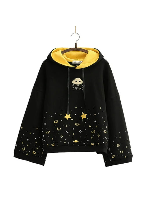 Winter Women Cartoon Embroidery Fleece Hoodies Sweatshirts Casual Flare Sleeve Tracksuits Female Hooded Pullover Warm Top