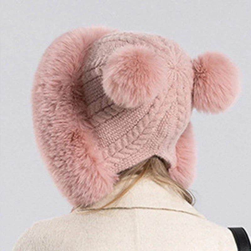 maoxiangshop  -  Winter Pompoms Hat for Women Plush Lining Thickened Warm Knit Beanies Bonnet Outdoor Windproof Ear Protection Skiing Woolen Caps